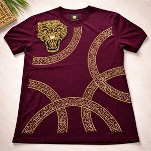 Platini Men's Crew Neck Bling Vegas Style T-Shirt Burgundy Gold  Sz XL